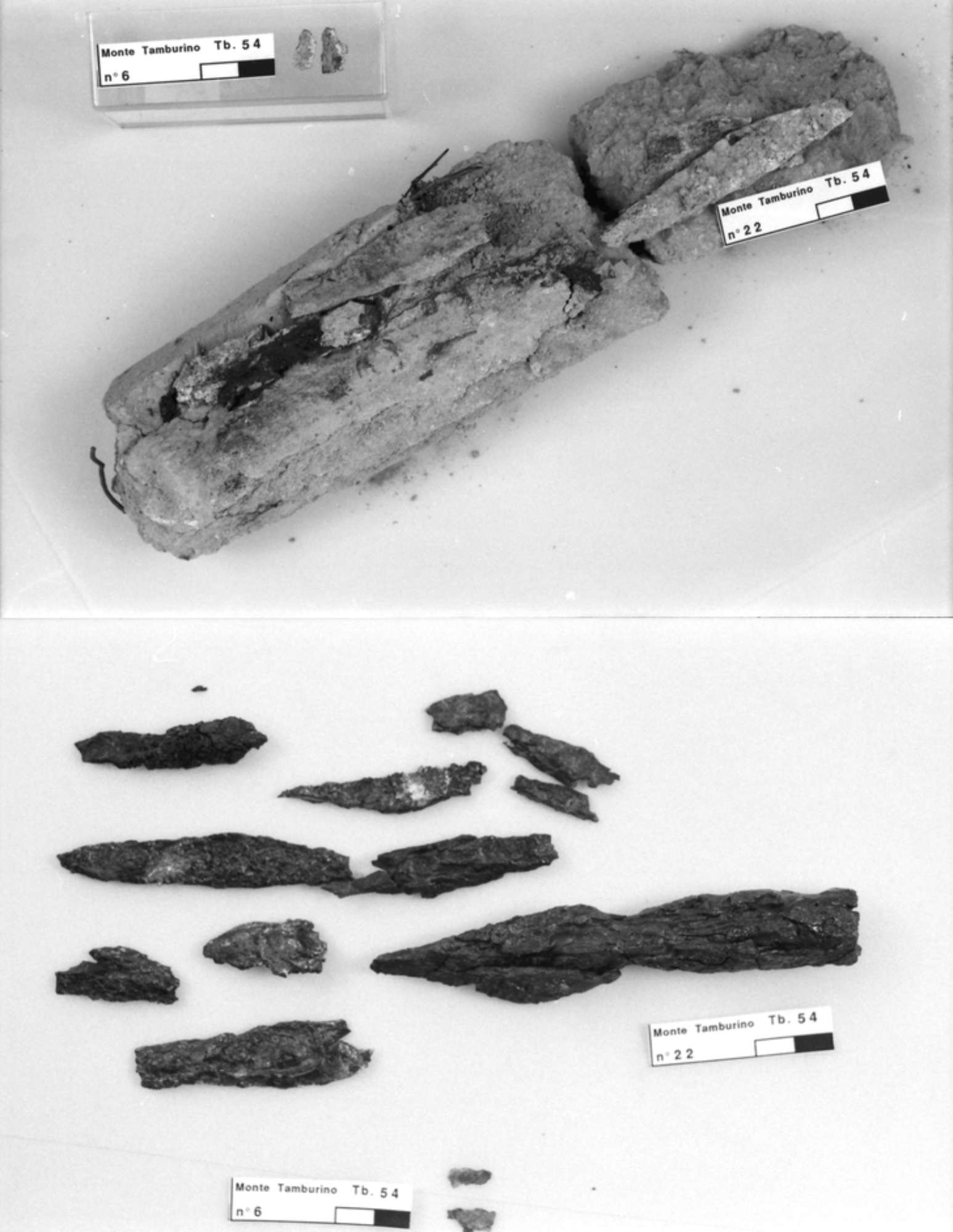 frammento di laminetta in bronzo e cuspide di lancia in ferro prima del restauro